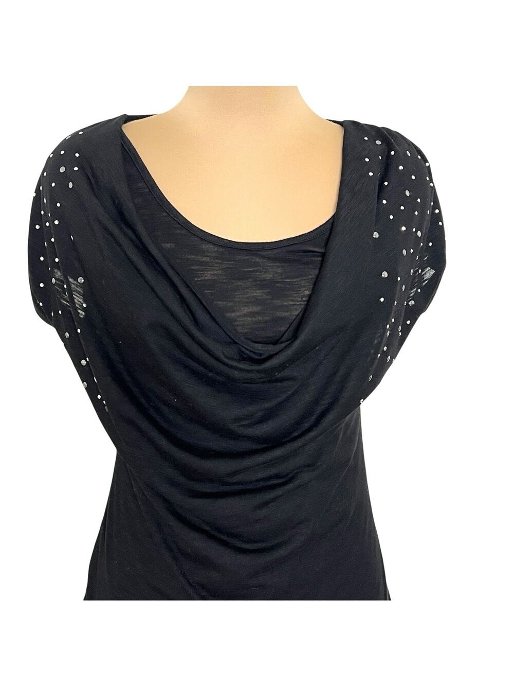 Hybrid Brand Womens Black Top Size Medium Silver Accents Cowl Neck Burnout Retro